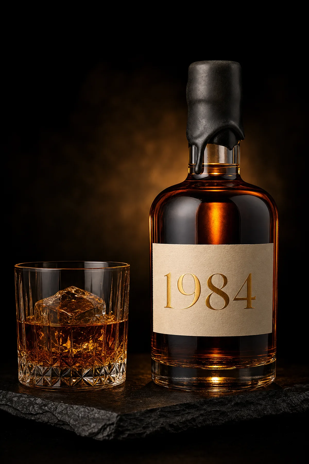 A 1984 Bourbon bottle with black wax seal and gold numerals beside a filled rocks glass.