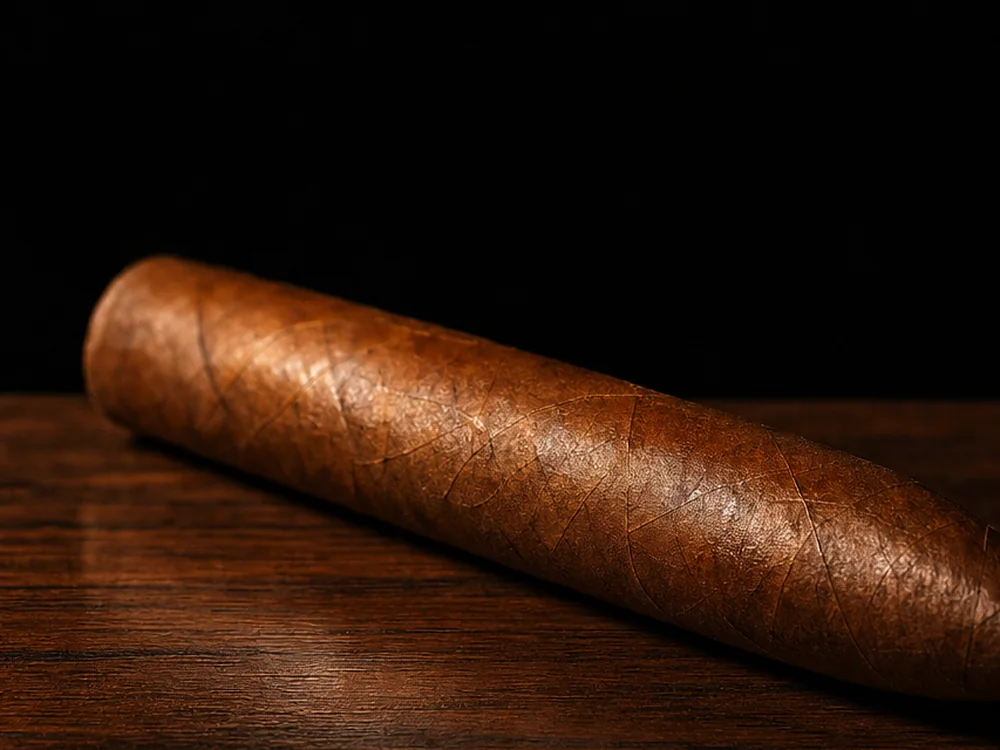 An Eighty-Four Series torpedo with a natural Ecuadorian wrapper lit by a single warm gold light on dark walnut.