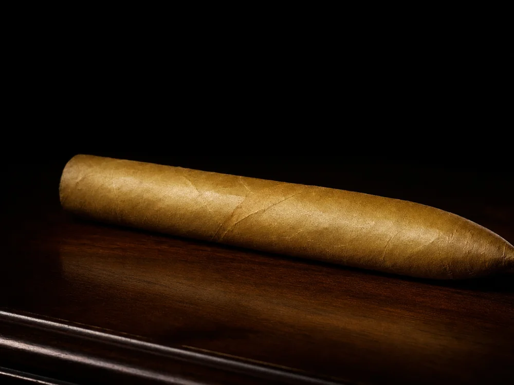 A Leonard Series light torpedo with a pale Connecticut shade wrapper lit by a single warm gold light on dark walnut.