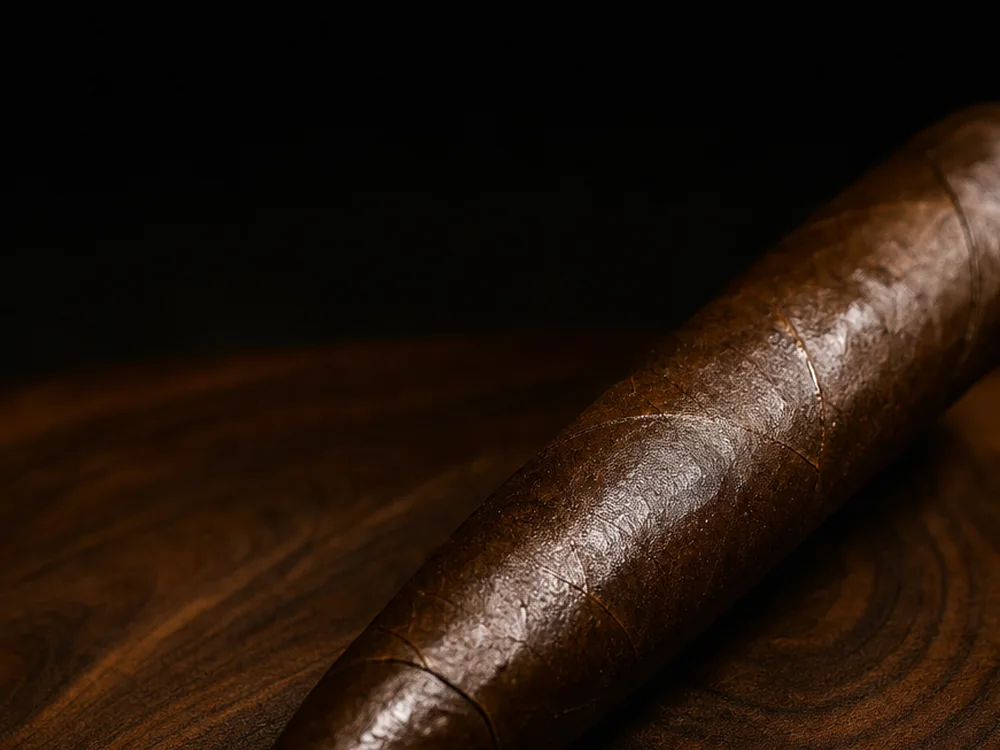 A Twenty Three Series piramide with a dark oily Nicaraguan wrapper lit by a single warm gold light on dark walnut.