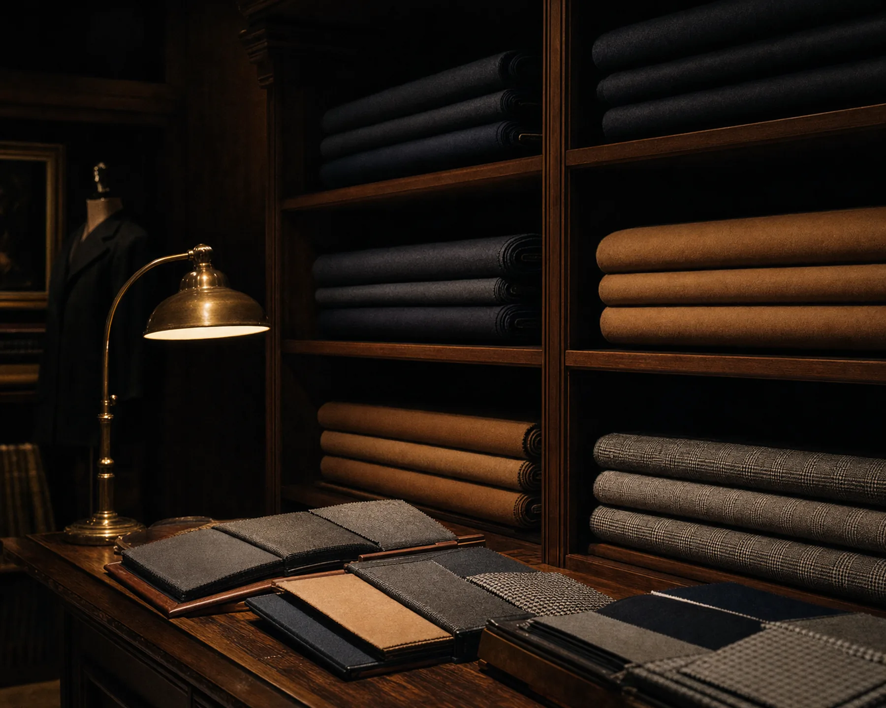 Bolts of charcoal flannel, navy worsted and camel cashmere in a dark walnut fabric library.