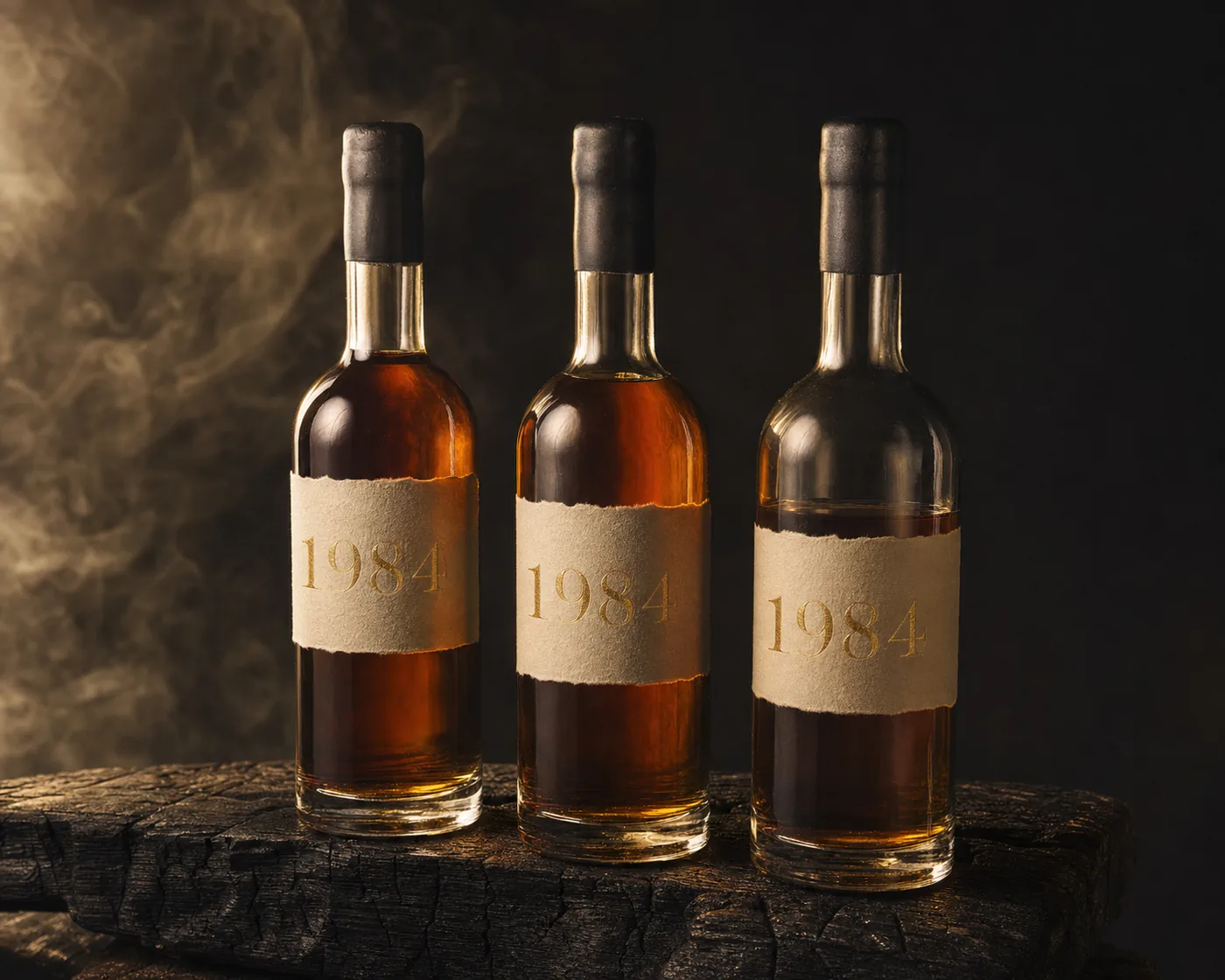 Three 1984 Bourbon bottles — small batch, cask strength and single barrel — on a charred oak plank.